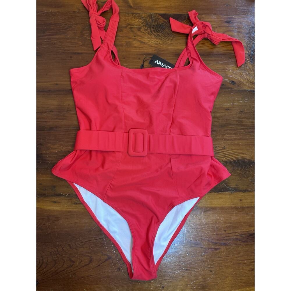 Womens Belted One Piece Swimsuit Tie Shoulder Red Size XL NWT